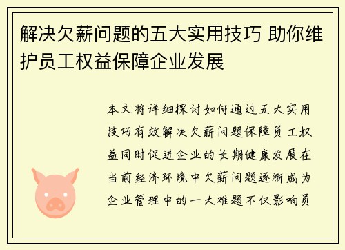 解决欠薪问题的五大实用技巧 助你维护员工权益保障企业发展