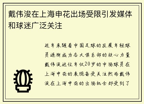 戴伟浚在上海申花出场受限引发媒体和球迷广泛关注