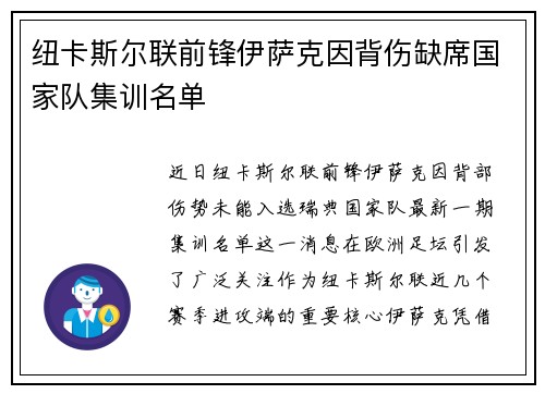 纽卡斯尔联前锋伊萨克因背伤缺席国家队集训名单