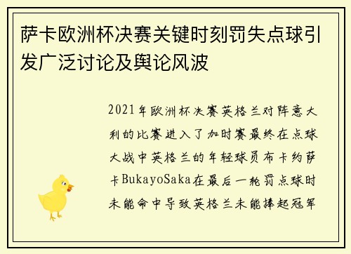 萨卡欧洲杯决赛关键时刻罚失点球引发广泛讨论及舆论风波